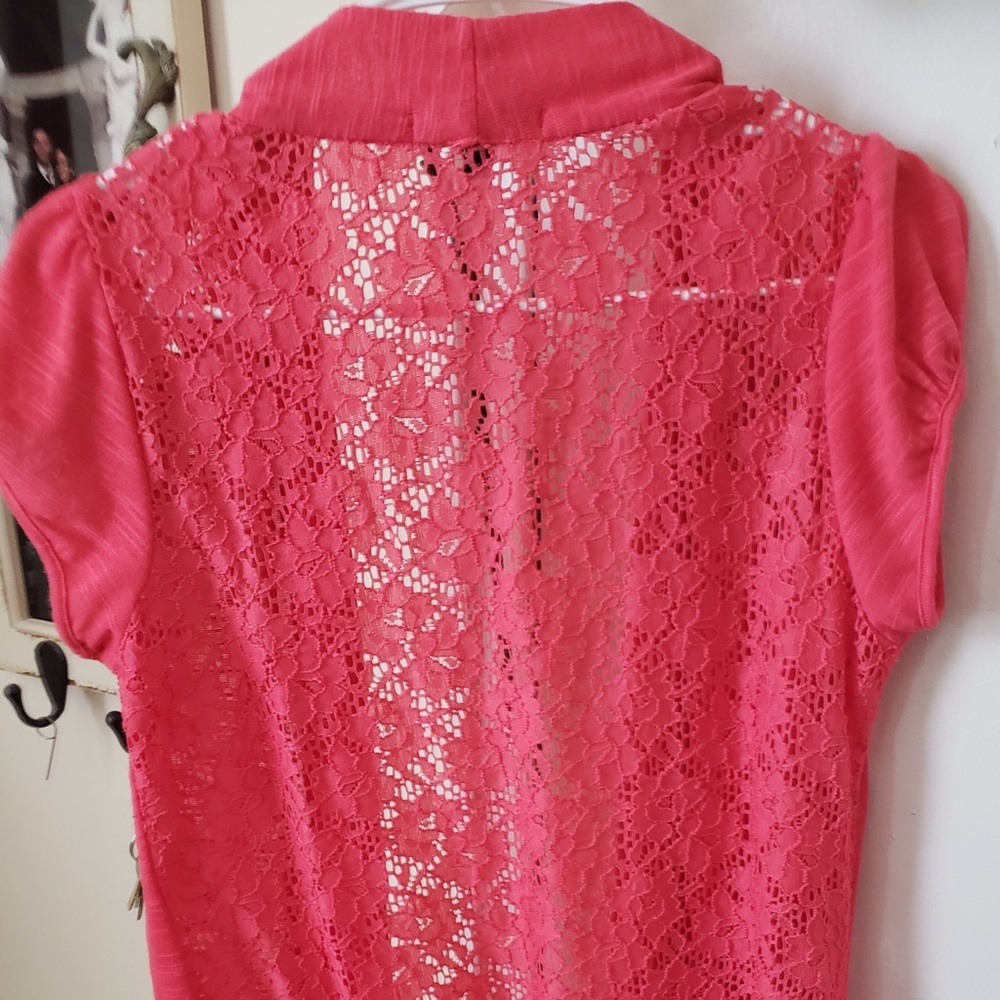 Coral Short Sleeve Cardigan With Lace Back Medium